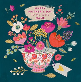 Floral tea cup Wife Personalised card