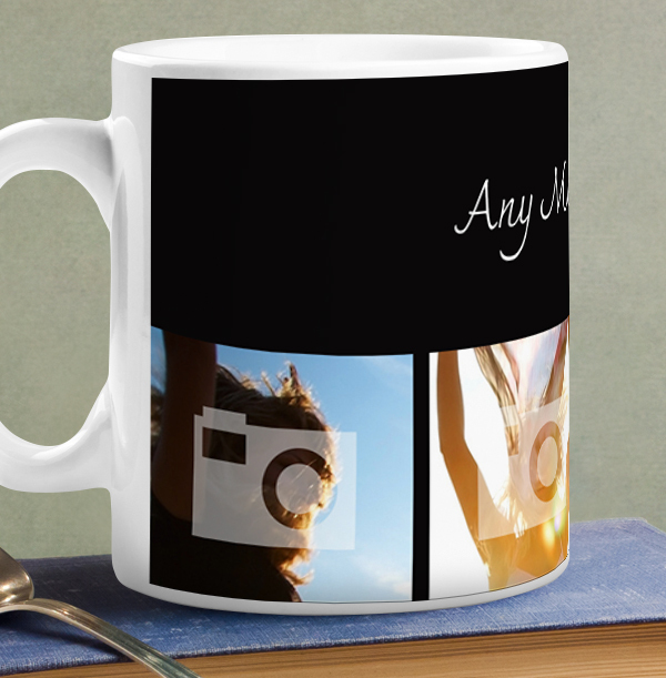 Personalised Mug - 4 Multi Photo Upload Bottom with Text Black