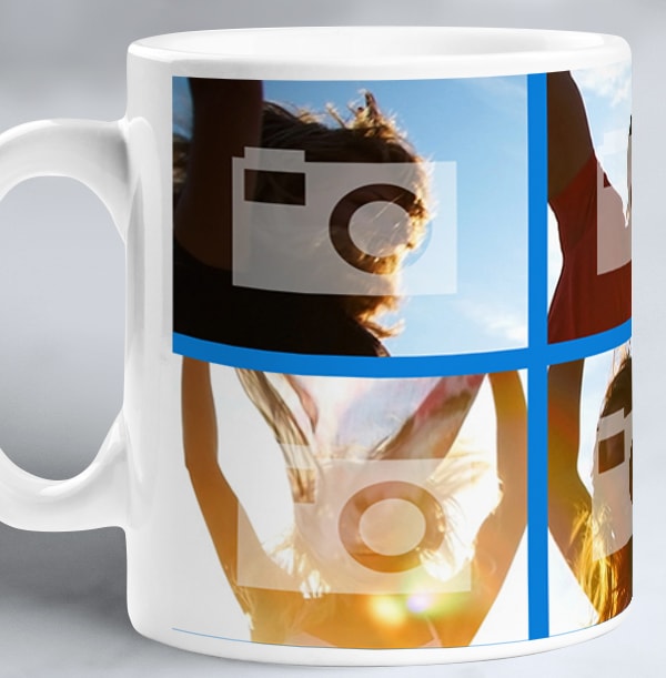 Personalised Mug - 6 Multi Side Photo Upload with Text Blue