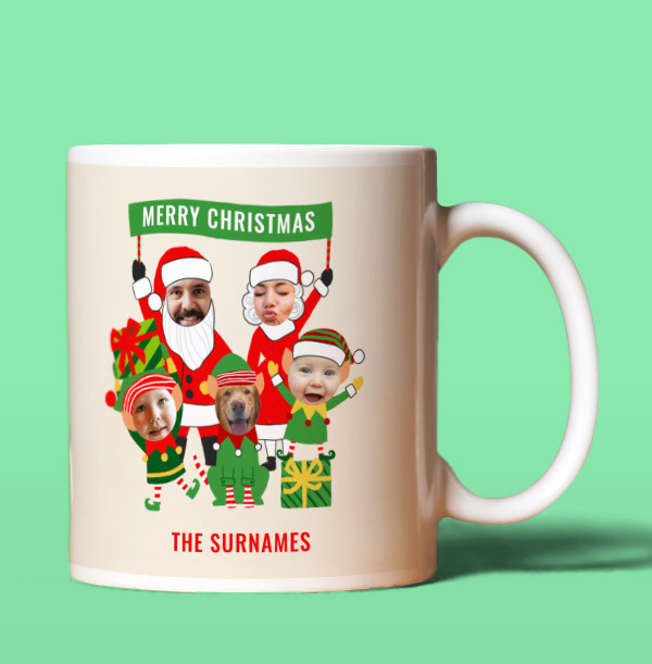 Claus Family, Dog & Elves Photo Faces Mug