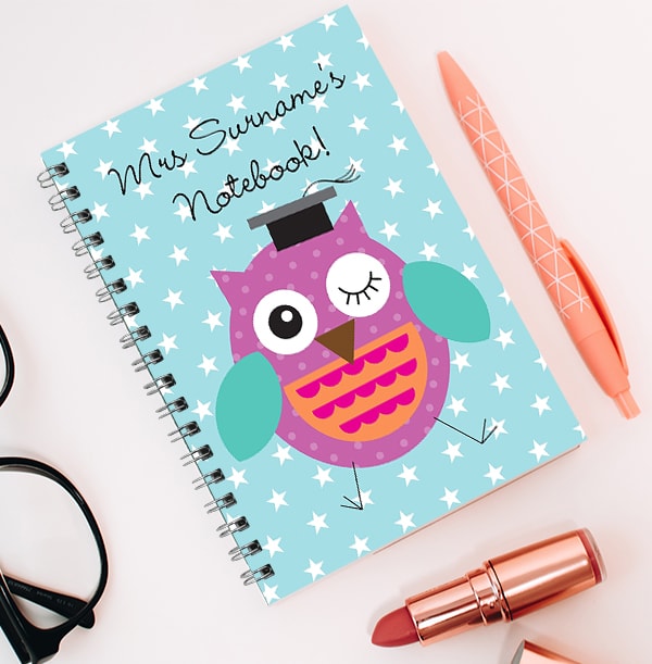 Personalised Purple Owl Teacher Notebook, Stars