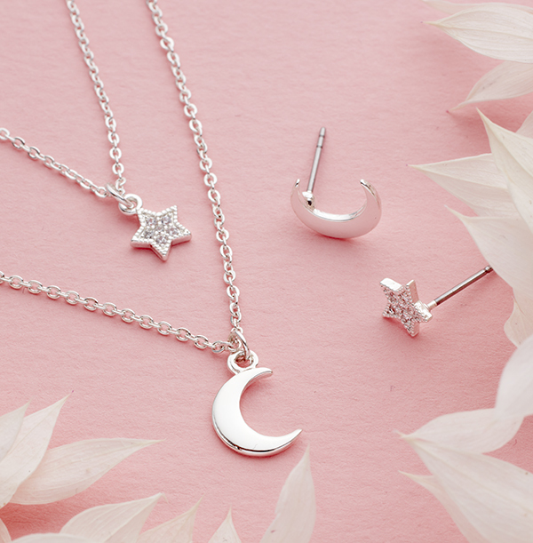 Mismatched Star and Moon Necklace and Earring Set