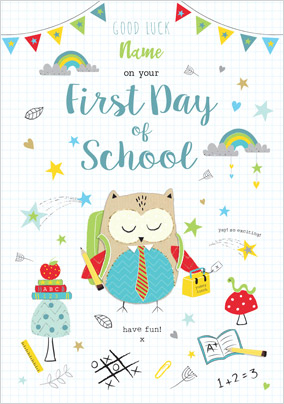 Owl First Day of School personalised Card