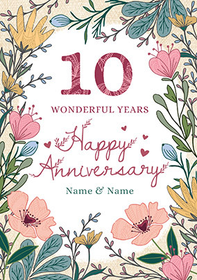 10 Wonderful Years Floral Anniversary personalised Card