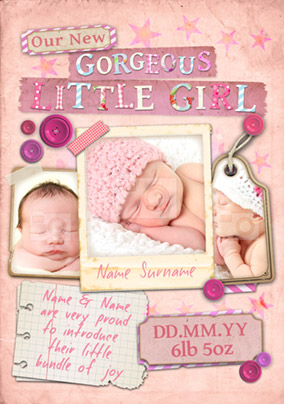 Paper moon - New Baby card  Gorgeous Little Girl 3 Photo Upload