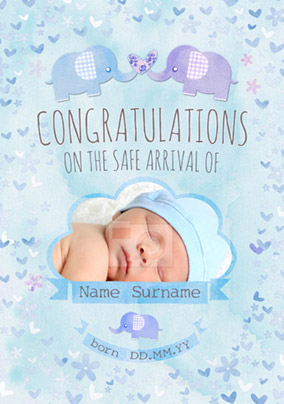 Button Nose - New Baby Card Blue Congratulations Photo Upload