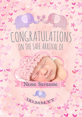 Button Nose - New Baby Card Pink Congratulations Photo Upload