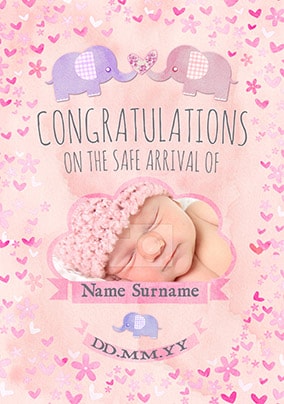 Button Nose - New Baby Card Pink Congratulations Photo Upload