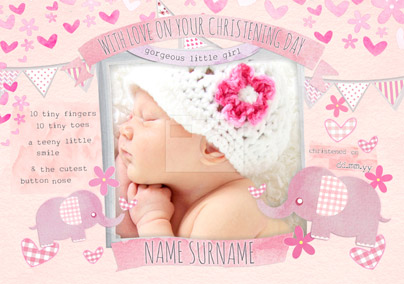Button Nose - Christening Card Photo Upload Baby Girl