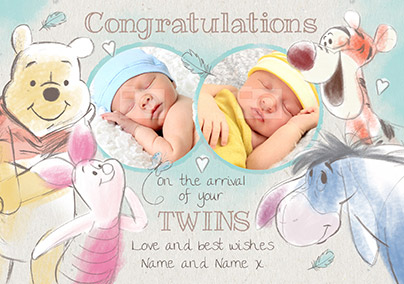 Disney Winnie the Pooh New Baby Card - Arrival of Your Twins