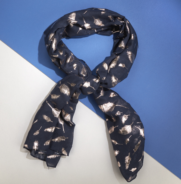 ZDISC Navy Scarf With Rose Gold Feather