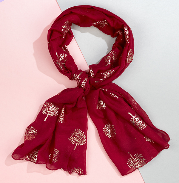 Red Scarf with Rose Gold Tree of Life