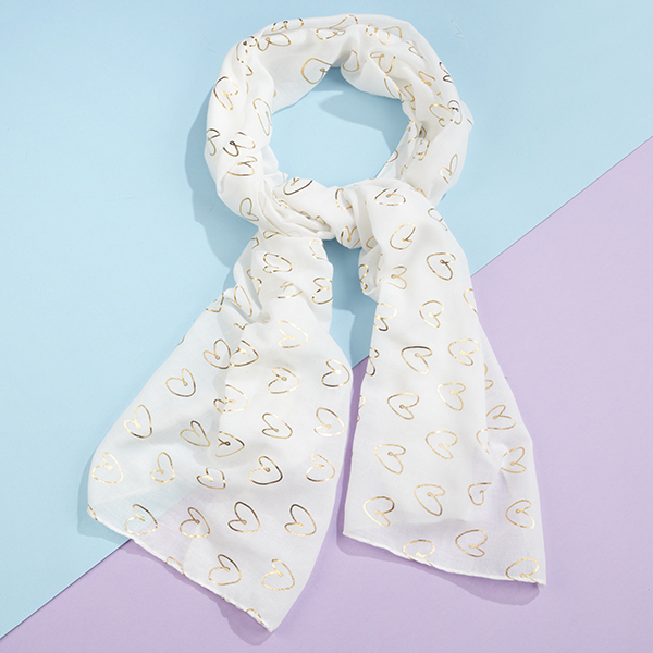 White Scarf with gold foil open heart print