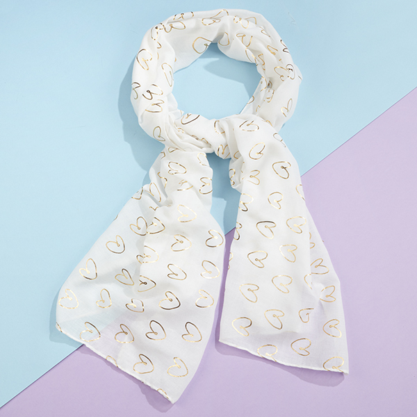 White Scarf with  gold foil open heart print