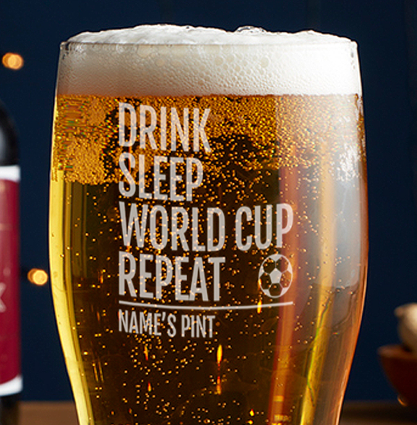 Engraved Beer Glass - Drink, Sleep, World Cup, Repeat!