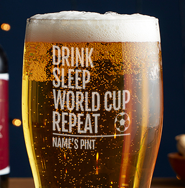 Engraved Beer Glass - Drink, Sleep, World Cup, Repeat!