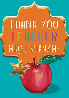 Thank You Teacher Apple Personalised Card