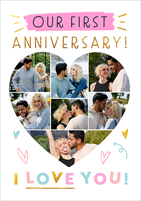 First Anniversary Heart Shape 7 Photo Anniversary Card
