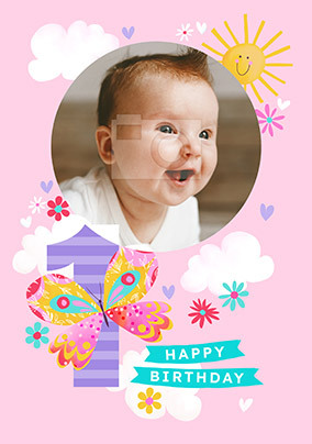 Butterfly First Birthday Photo Card