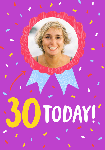 30 Today Purple Rosette Photo Birthday Card