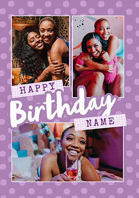 Purple Polka Dots 3 Photo Upload Birthday Card
