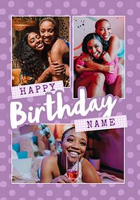 Tap to view Purple Polka Dots 3 Photo Upload Birthday Card