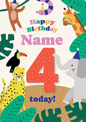 4th Birthday Jungle Animals Birthday Card Pink