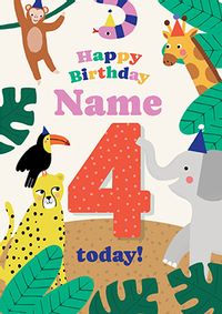 Tap to view 4th Birthday Jungle Animals Birthday Card Pink