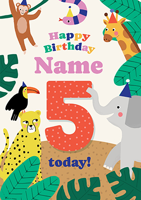 5th Birthday Jungle Animals Card Pink