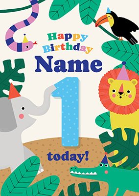 1st Birthday Jungle Animals Card Blue