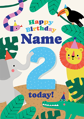 2nd Birthday Jungle Animals Card Blue