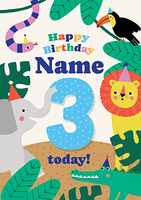 3rd Birthday Jungle Animals Card Blue