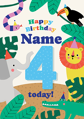 4th Birthday Jungle Animals Card Blue