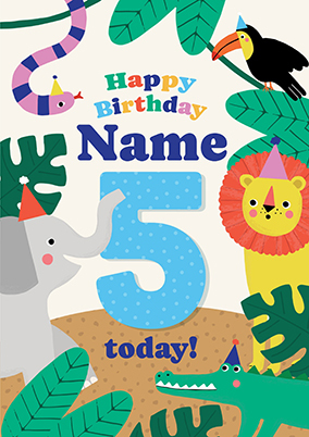 5th Birthday Jungle Animals Card Blue