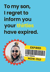 Tap to view Son Your Thirties Have Expired Birthday Photo Card