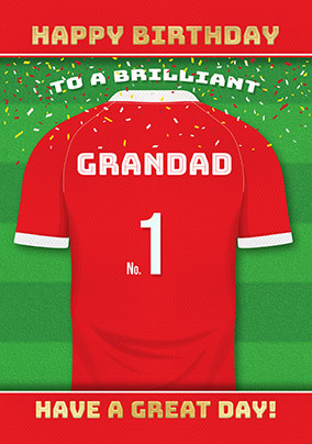 Grandad Red Personalised Football Shirt Birthday Card