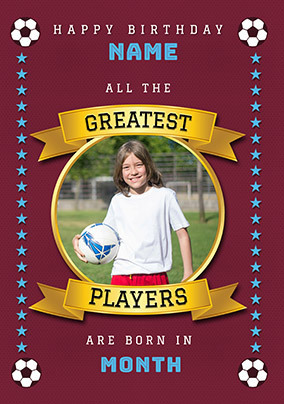 Greatest Football Player Photo Upload Burgundy Birthday Card