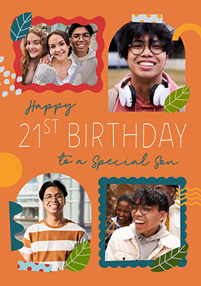 Son 21st 4 Geometric Photo Birthday Card