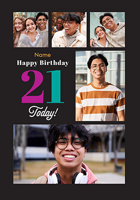 Simple Bold 21st Birthday 5 Photo Card