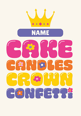 Cake Candles Crown Confetti Birthday Card