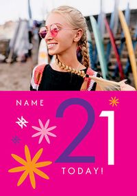 Tap to view Simple Bold Floral 21st Birthday Photo Card