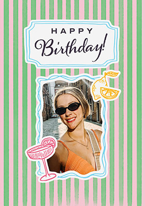 Pink and Green Stripe Photo Upload Birthday Card