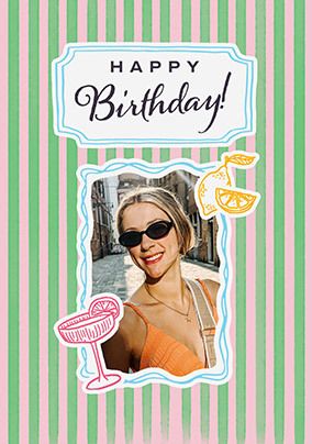 Photo of Pink and Green Stripe Photo Upload Birthday Card