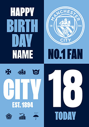 Manchester City Football 18th Birthday Card