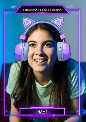 Photo of Cat Ear Headphones Photo Upload Gaming Birthday Card