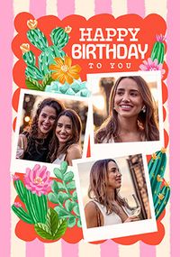 Tap to view Cactus Floral 3 Photo Upload Birthday Card