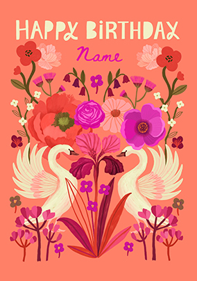 Mirrored Floral Swan Birthday Name Card