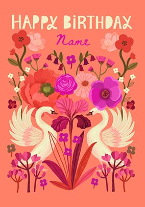 Photo of Mirrored Floral Swan Birthday Name Card