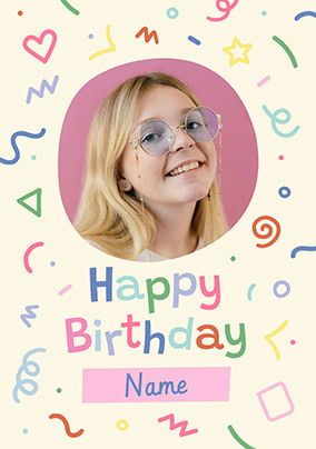 Retro Doodle Photo Upload Birthday Card