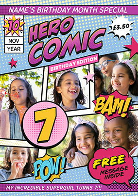 Hero Comic Magazine Spoof Multi Photo Purple Birthday Card